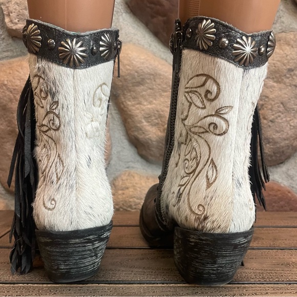 CORRAL Cowgirl Ankle Boots FRINGE Studs COW HAIR ON 7 - Picture 5 of 8